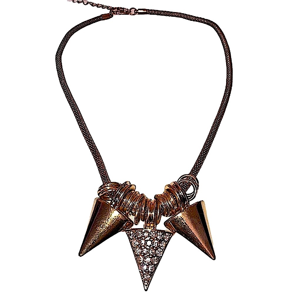 19” Mesh Chain Gold Tone‎ Triangle Spike Pyramid Necklace CZ / Rhinestones